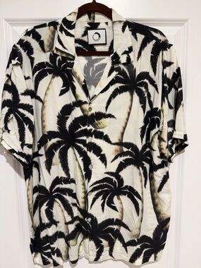 Men's Palm-Print Short-Sleeve Button-Down Shirt - Black & White